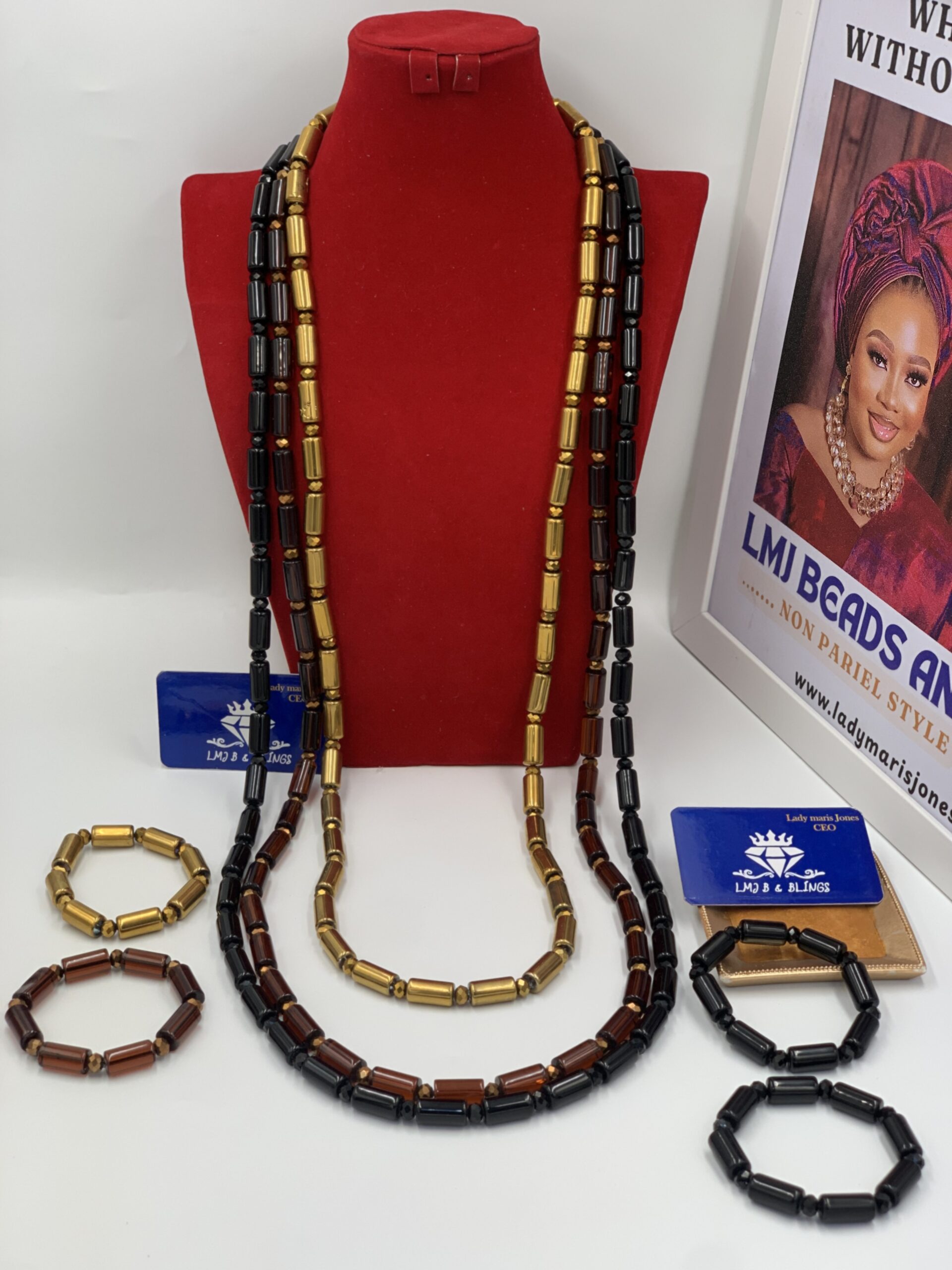 Men's Three -Tier Cylindrical Gemstone Necklace & Bracelet Set - Image 2